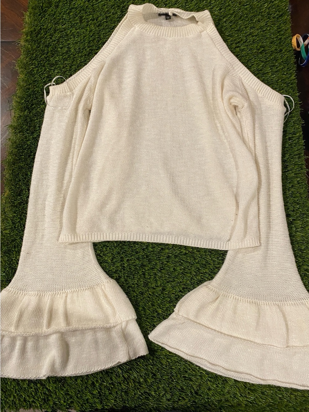 Express Cream Cold-Shoulder Sweater with Ruffle Bell Sleeves